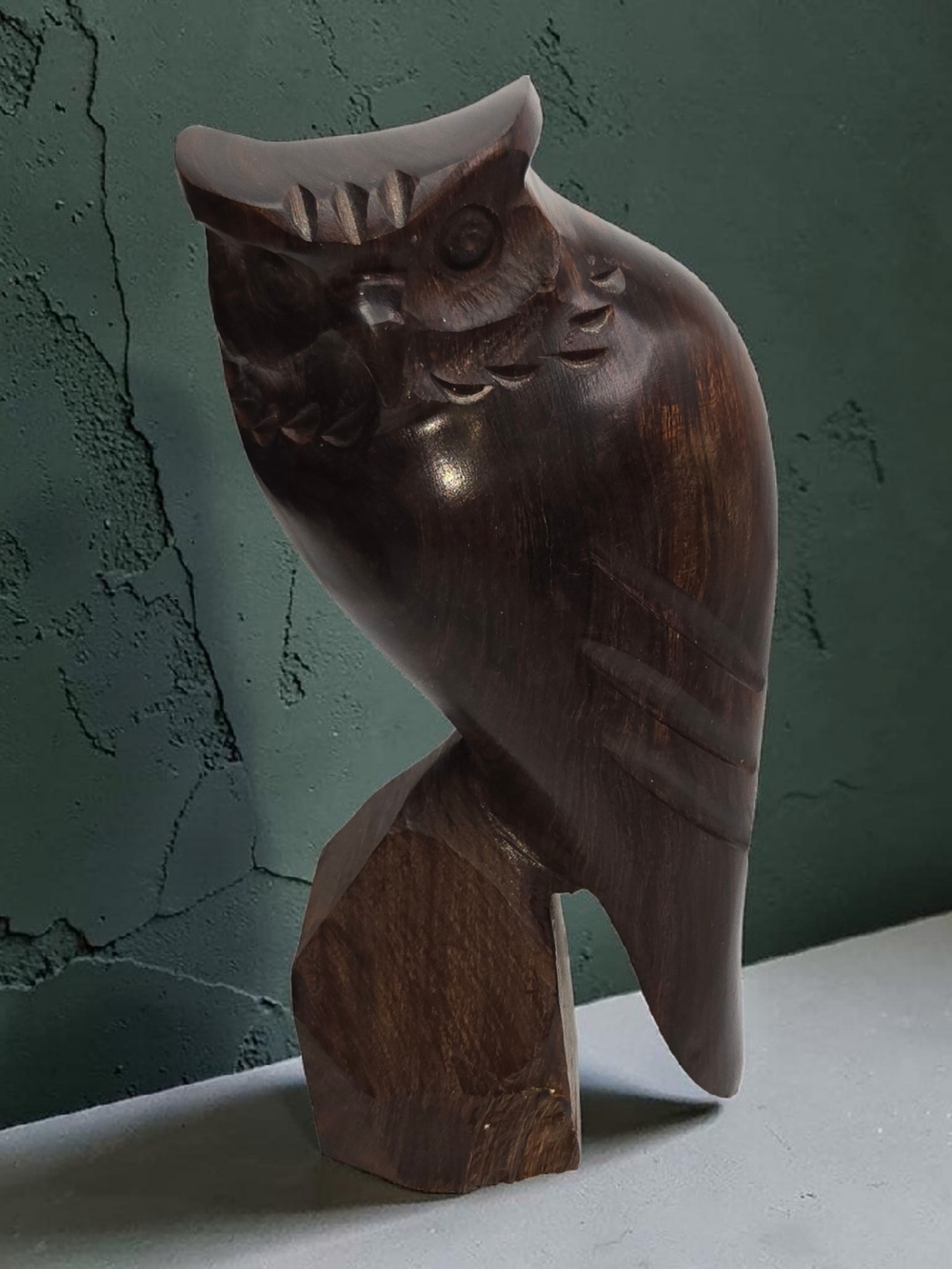 Vintage Hand Carved Owl Sculpture Decor MCM Style Solid Wood Modernist Woodland
